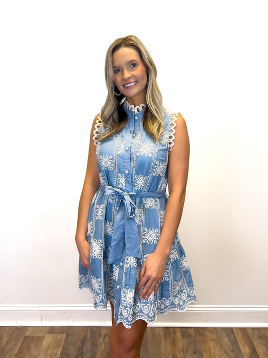 Blue Eyelet Pearl Dress